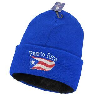 Puerto Rico Embroidered Skull Cap Beanie Winter Hat, Warm Lined, Blue, NWT